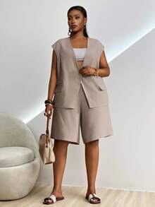 Veslaya 复活节西部海滩波西米亚乡村音乐节热带度假大码女装，百搭休闲简约基本款夏季海滩优雅西装外套和短裤套装 - 咖啡棕 - 查看 5