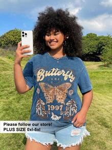 SHEIN EZwear Plus Size Acid Washed Look Vintage Knitted Distressed Loose Fit Knit Butterfly Cartoon Pattern Short Sleeve T-Shirt - Blue - View 3