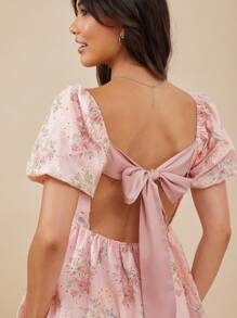 WESTFADE 花卉印花方领荷叶边下摆夏季短袖连衣裙