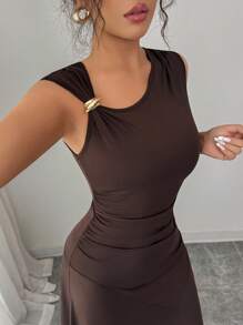 Elenzga Đầm thanh lịch giản dị có nút kim loại cổ bất đối xứng mới cho nữ - Cà phê nâu - Xem 3