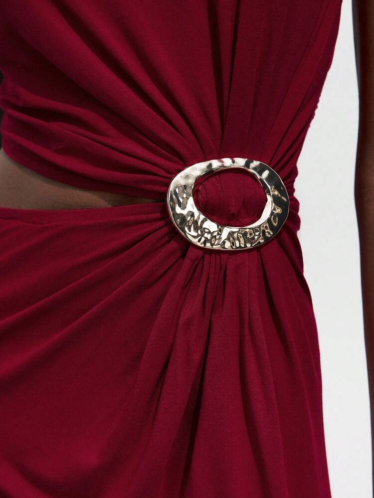 SHEIN Maija Abito aderente di media lunghezza con collo asimmetrico e decorazione fibbia metallica, adatto per l'abbigliamento casual elegante per l'ufficio, ideale per Natale, Ognissanti, feste, matrimoni