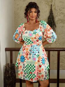 SHEIN VCAY Váy cổ trái tim in họa tiết cổ điển nhiều màu cỡ lớn cho nữ, váy viền bèo nhún hai lớp; váy ngắn in họa tiết kẻ caro hoa cổ điển cho mùa hè - Nhiều màu - Xem 6