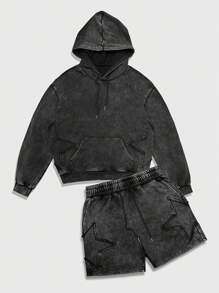 ROMWE MEN Casual Conjunto de sudadera con capucha con bolsillo y pantalones cortos con estampado de estrella para hombres, adecuado para primavera, verano y otoño - Negro - Ver 1