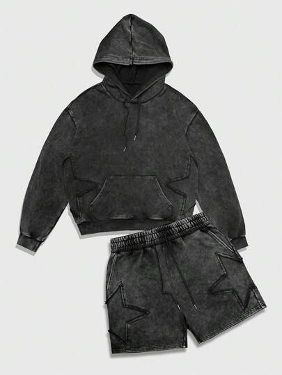 Street Life Men's Pocket Hooded Sweatshirt And Star Print Shorts Set, Suitable For Spring, Summer And Autumn