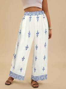 SHEIN VCAY Plus Size Women's Casual Geometric Print Linen Blend Loose Summer Pants