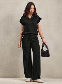 Wildy 2 Stücke/Set lässiger und bequemer amerikanischer Stil locker sitzender schwarzer Pullover für Frauen, lässiger schwarzer Strick-Damen-Lässig-Set für Herbst, Schule, Heimkehr, Lehrerin, Land-Outfits, Urlaubsmode, Ausgehmode, Arbeitskleidung, Urlaub, Zweiteiler-Set, Loungewear für Frauen, Flughafen-Outfit