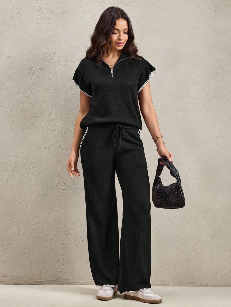 Wildy 2 Stücke/Set lässiger und bequemer amerikanischer Stil locker sitzender schwarzer Pullover für Frauen, lässiger schwarzer Strick-Damen-Lässig-Set für Herbst, Schule, Heimkehr, Lehrerin, Land-Outfits, Urlaubsmode, Ausgehmode, Arbeitskleidung, Urlaub, Zweiteiler-Set, Loungewear für Frauen, Flughafen-Outfit