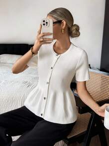 SHEIN Frenchy Women White Elegant Summer Brunch Short Sleeve Ribbed Knit Cardigan,Heart Metallic Button Closure,Round Neck Solid A-Line Hem Minimalist Office Top - Apricot - View 6