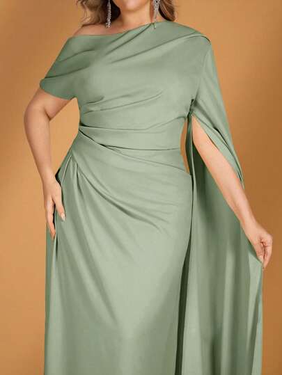 SHEIN Belle Plus Size Summer Elegant Romantic Oblique Shoulder Asymmetrical Sleeve Ruffled Mermaid Hem Long Sleeve Dress, Suitable For Evening Party, Date, Vacation, Gala, Wedding, Bridesmaid Dress Green, Valentine's Day
