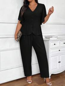 SHEIN Frenchy Conjunto de chaqueta y pantalón con manga con volantes de talla grande para mujer, conjunto de ropa para vacaciones en otoño/invierno - Negro - Ver 7