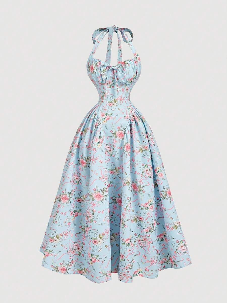SHEIN X Hannahelzahed SHEIN MOD 女式蓝色花卉印花露背荷叶边蝴蝶结摆裙 - 藍色 - 查看 1