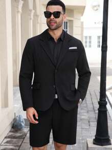 Manfinity Mode 2pcs/Set Men's Plus Size Casual Long Sleeve Blazer Jacket And Shorts Set - Black - View 6