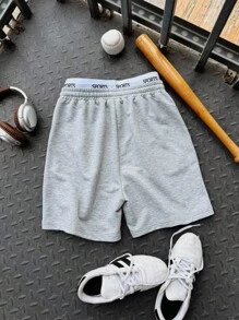 SHEIN Teenager Boys Casual Street Slogan Embroidery Sweatpants Shorts, Versatile & Comfortable, Suitable For Commuting, School, Daily Casual, Travel, Sports, Spring/Summer - Light Grey - View 3
