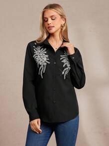 Amorya 女士优雅黑色串珠贴花短袖衬衫，适合多种场合，例如夏季返校、音乐会、返校节、办公室、教师节、晚宴、教堂活动、早午餐、生日派对、婚礼宾客等。 - 黑色 - 查看 4