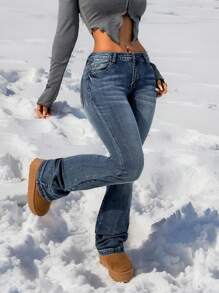 SHEIN PETITE CURVE Plus Size Women Embroidery Skeleton Pattern Pocket Flare Summer Fall Back To School Y2k Fourth Of July 2000s Style Streetwear Punk Airport Date Night Going Out Casual Versatile Jeans Rhinestone Jeans Valentine's Day - Blue - View 3