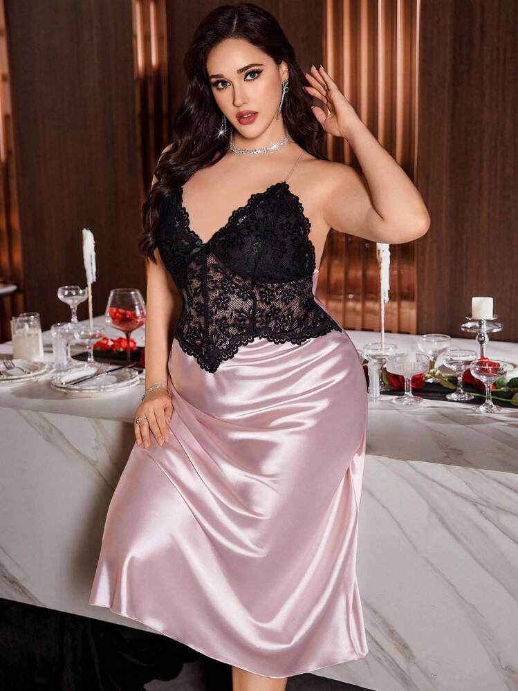 SilkySpell 1 件女式加大码蕾丝吊带长裙，优雅缎面粉色睡裙，可四季穿外套 - 粉色 - 查看 4