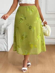 SHEIN PETITE CURVE Plus Size Women Floral Sequin High Waist Fashionable Mini Skirt