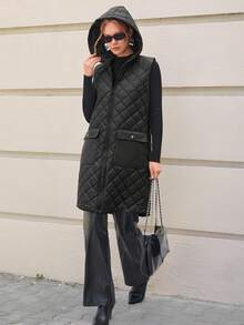 CLARA VERO Colete acolchoado sem mangas com fecho de correr frontal, bolsos com detalhe de botão de pressão, design com capuz, camada de inverno funcional e elegante, colete feminino preto, colete acolchoado, colete com capuz, colete comprido, colete acolchoado feminino, colete acolchoado preto, agasalho feminino - Preto - Ver 6