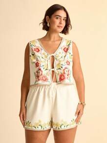CAJUNI Plus Size Women Boho Vintage Holiday Casual Tropical Floral Print Tied Camisole Short Jacket And Shorts Set