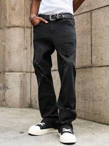 PAVTROS Quần Jeans Ống Loe Street Cho Nam, Quần Dài Rộng Thẳng Đơn Giản Phong Cách Mỹ Cổ Điển - màu đen - Xem 3