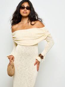 AiiRZ Rochie maxi cu umeri goi, model bandeau, mânecă lungă, tricotată, cu pliuri, toamnă și iarnă, pentru sărbători, petrecere, nuntă, invitați, talie Empire, pulover, lungime podea - alb - Vizualizare 3