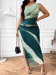 SHEIN PETITE Plus Size Summer Fashion Tie-Dye Print Asymmetric Collar Side Slit Dress - Multicolor - View 4