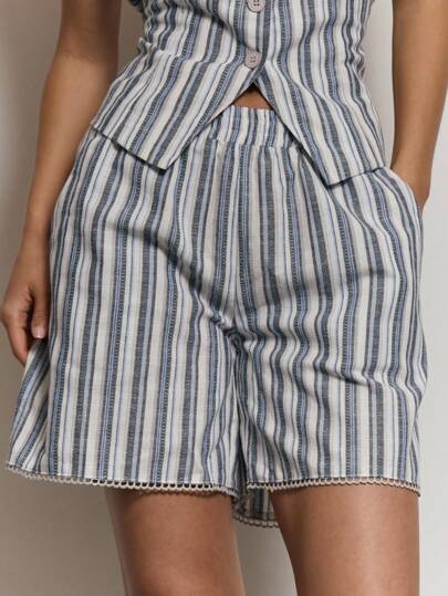 MUSERA Stripe Elasticated Waist Shorts Cute Summer Holiday Vacation Sexy Casual Elegant Boho Festival Only Collective Office Attire For Women, Office Wear Women Evening