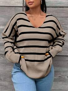 EURMUSE Plus Size Colorblock Striped Casual Sweater, Autumn/Winter - Mocha Brown - View 1