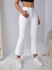 SHEIN EZwear Frayed Hem Flare Leg Jeans - White - View 1
