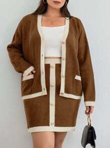 EURMUSE Contrast Trim Drop Shoulder Cardigan & Knit Skirt - Camel - View 3