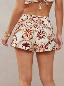 L'Amorae Women's Summer Boho Abstract Printed Linen Shorts With Elastic Waist Vacation - Multicolor - View 5