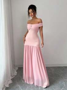 Elenzga Women's Off Shoulder Elegant Contrast Mesh Dress, Summer - Pink - View 6