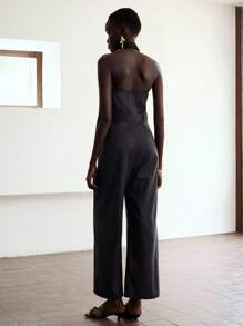 Lumivelle Halloween Summer Old Money Women 2025 New Design Black Lapel Sleeveless Backless Loose Jumpsuit For Women In Summer, Black Metal Decor Waist Belt Backless Halter Straight-Leg Jumpsuit, High-End V-Neck Sleeveless Backless Jumpsuit For Women In Summer, Elegant Waist Tie Jumpsuit With High Waist Wide Leg Pants