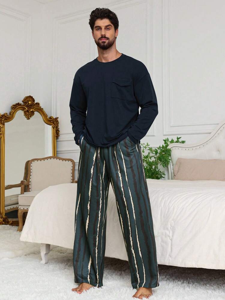 Spring & Autumn Embroidery Pocket Patch Designed T-Shirt With Black Pant Homewear Suit For Men Pajama