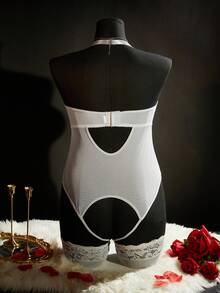 Plus Size Hollow Out Sexy Bodysuit PU Punk Alluring Lingerie