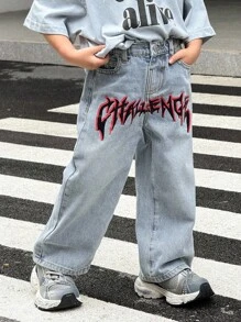 SHEIN Young Boy Retro Blue Denim Loose Baggy Jeans,Distressed Graffiti Letter Printed Streetwear For Summer,Career Day,Back-To-School,Halloween,Fall,Winter - Light Wash - View 8