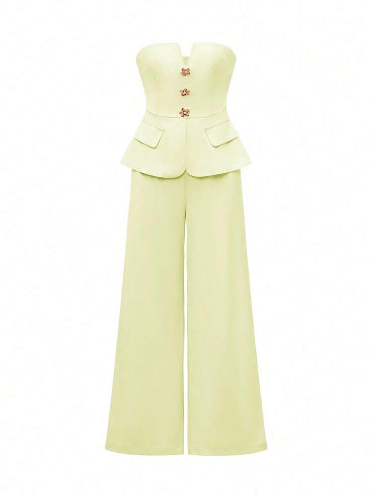 Elenzga 2pcs/Set Solid Color Camisole And Pants, Elegant Outfit Creamy Yellow - Yellow - View 8