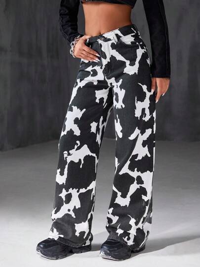 EURMUSE LOW WAIST WIDE LEG CASUAL DENIM JEANS Cow Print Pants Cow Print Outfit Women Y2k Women Two Pieces Outfits Star Pants Rockstar Outfit Women,Trousers