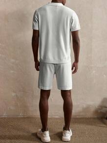 Manfinity Homme Men's Simple Solid Color Polo Collar Short Sleeve Knit Top And Shorts Set, Summer - Light Grey - View 2