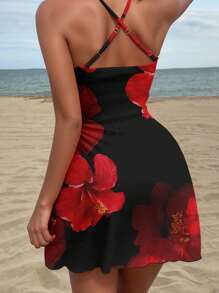 SHEIN SXY Red Hibiscus Print Pattern Spaghetti Strap Mini Dress, Suitable For Holidays, Music Festivals, Seaside Vacation, Romance, Beach, Summer Hibiscus Dress Women Swim Dress Red Floral Dress Beach Dress Suitable For Going Out Chic Dress - Multicolor - View 2