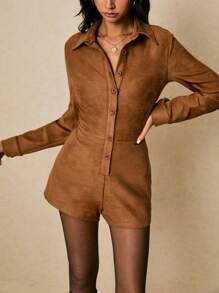 Poéselle Women's Casual Retro Front Button Romper - Brown - View 4