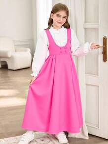 女童背带裙搭配白色长袖衬衫 - 白色 - 查看 1