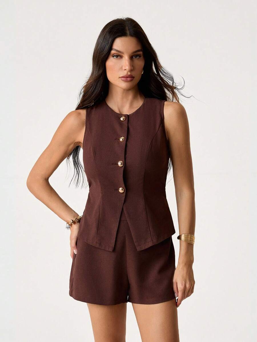 SHEIN Tall 女士休闲夏季商务前扣背心短裤套装秋冬 - 棕色 - 查看 1