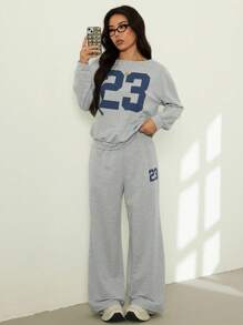 SHEIN PETITE 2件套女士休闲数字印花长袖上衣和长裤套装