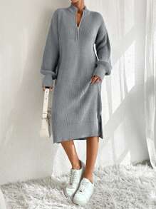 EURMUSE Women Knit Sweater Dress With Zipper Detail,Petite - Light Grey - View 8