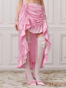 ROMWE EDITION 女士优雅纯色荷叶边抽绳裙 - 粉色 - 查看 3