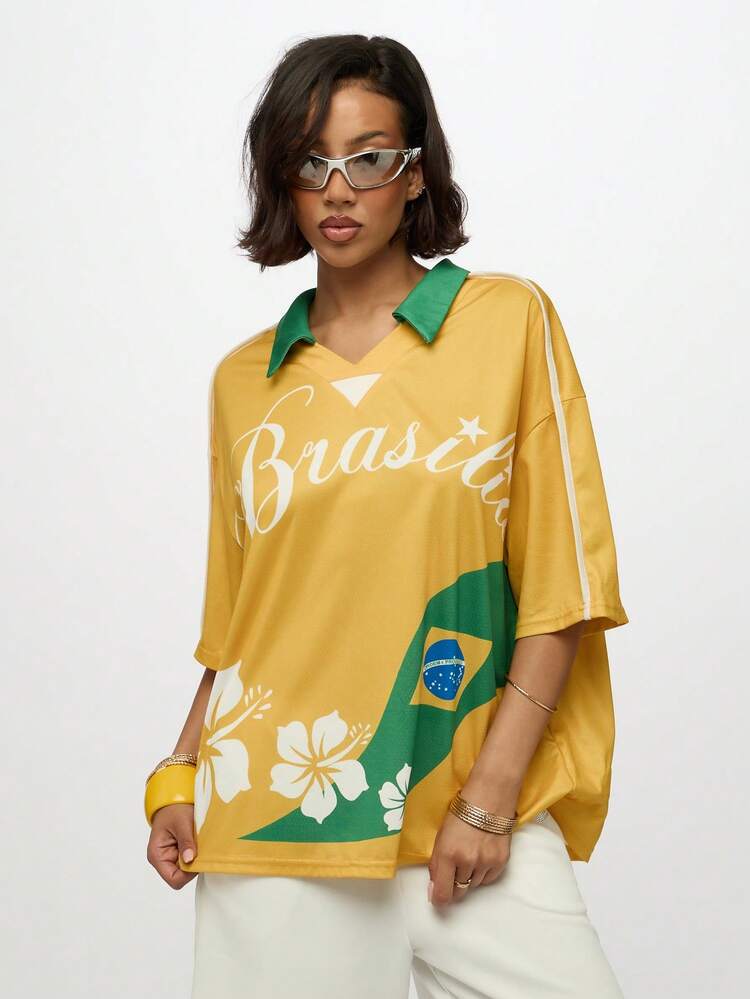 SUMWON WOMEN Camiseta de la selección nacional de Brasil, camiseta deportiva de aficionado al fútbol, polo casual con cuello estampado de flores de hibisco para el campeonato mundial de Brasil
