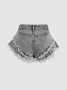 Sweetra 女式口袋磨边宽松休闲牛仔短裤 - 淺灰色 - 查看 2