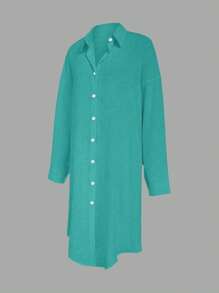 SHEIN LUNE Blusa con botones y hombros caídos plisada y larga para mujer