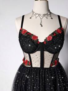 Viva Relle Damen Große Größen symmetrisches Blumen Große Größen Swing Trägerkleid - Schwarz - Übersicht 5